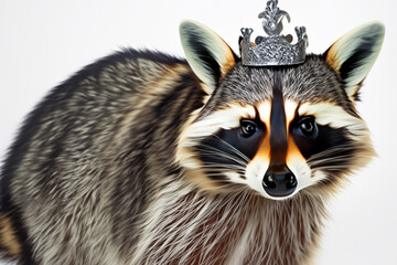 Wall Mural - Raccoon wearing crown on its head. Raccoon with gray crown on gray background. Raccoon with a silver crown. A raccoon with a silver crown and a lifestyle gray background.