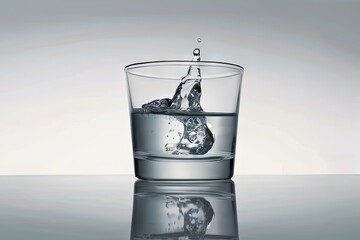 Poster - Water droplets jump into a glass tumbler, causing a splash and ripples, set against a clean, light-colored background. The focus highlights the fluid motion and clarity of the water