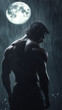 © RealityForge - Muscular man with shirt off from behind glistening in rain with full moon in background for werewolf romance novel or fan fiction in smartphone 9:16 aspect ratio.