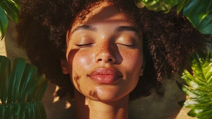 Aufkleber - A young woman enjoys a soothing home spa session surrounded by lush greenery. She has her eyes closed, basking in the calming atmosphere.