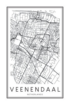 Printable downtown road map poster of the Dutch city of VEENENDAAL on solid white background with city name