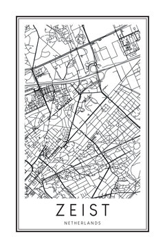 Printable downtown road map poster of the Dutch city of ZEIST on solid white background with city name