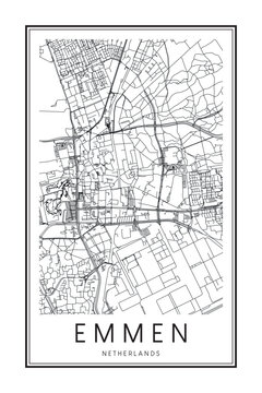 Printable downtown road map poster of the Dutch city of EMMEN on solid white background with city name