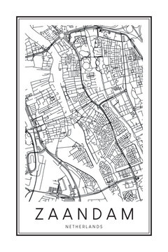 Printable downtown road map poster of the Dutch city of ZAANDAM on solid white background with city name