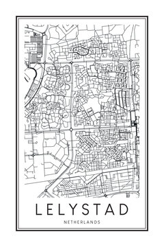 Printable downtown road map poster of the Dutch city of LELYSTAD on solid white background with city name