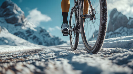 man riding a snowy road on his bicycle