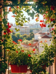 Canvas Print - City View Through Window With Red Flowers