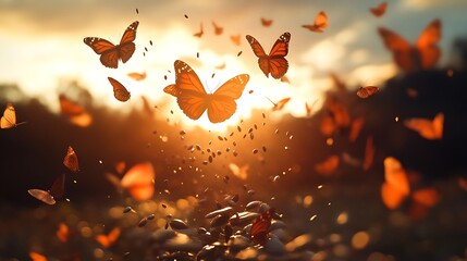 Wall Mural - Monarch Butterflies Soaring at Sunset Seeds Scattered