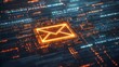 © Vera CHIS - A radiant blue mail symbol, surrounded by currents of digital data, signifying the rapid transmission of electronic communication in a futuristic, virtual digital realm.