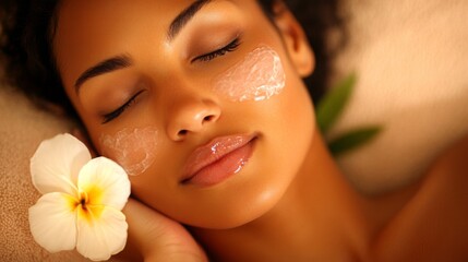 Poster - A woman enjoys a serene home spa treatment, with a gentle face mask applied and a lovely flower by her side. The ambiance is tranquil, promoting relaxation and beauty enhancement.