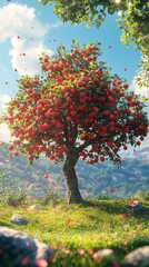 Canvas Print - Vibrant apple tree full of ripe fruits under a bright blue sky with fluffy clouds