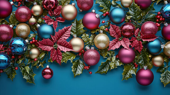 Christmas background with baubles and poinsettia blue. Festive winter decoration with colorful, lights, and seasonal greeting design. Xmas celebration pattern with red and green.
