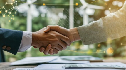 Poster - Two professionals are shaking hands in a green, natural setting, symbolizing a partnership in sustainable finance initiatives.
