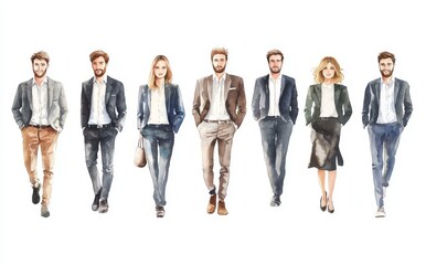 On a white background, a watercolor drawing of men and women in different poses