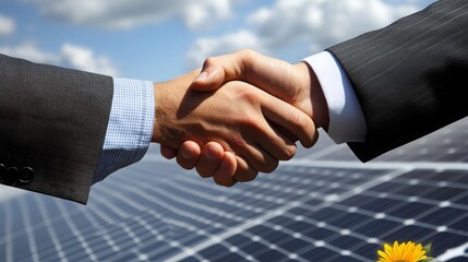 Poster - Business professionals shake hands in front of solar panels, symbolizing partnership and commitment to sustainable finance.