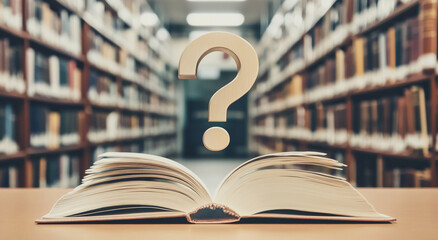 Poster - Open book with question mark in a library filled with shelves of books, inviting curiosity and exploration