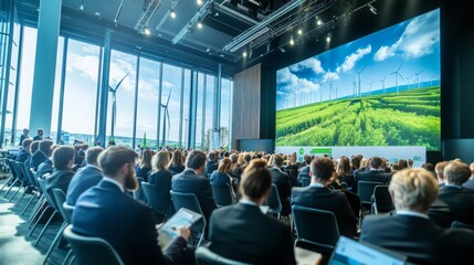 Poster - Attendees gather in a modern conference hall to discuss AI applications in sustainable finance. The backdrop features wind turbines against a bright sky, symbolizing renewable energy.