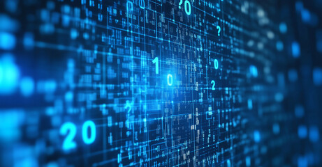 Poster - Digital binary code streams across a futuristic background with glowing elements created for technological themes