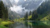 AI generated image of high mountain, panorama,weather after snow and stones,Alaskan river landscape,Alpine mountain stream in winter with waterfalls flowing down a snowy plain