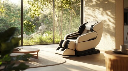 Poster - A spacious room features a modern massage chair positioned next to large windows overlooking a lush garden.