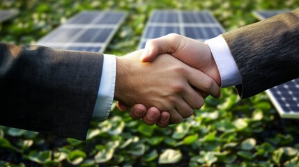 Poster - Two individuals in formal attire shake hands, symbolizing a partnership focused on sustainable finance initiatives.