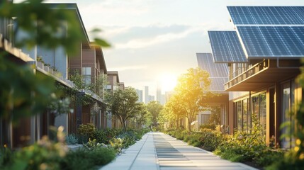 Poster - Residents engage with advanced sustainable finance practices in a modern urban neighborhood featuring solar panels.