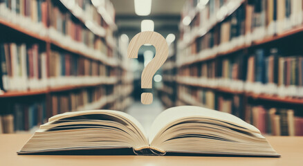 Poster - Open book with question mark in a library filled with shelves of books during daylight