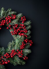 Sticker - A holiday frame with fir branches, red balls, and a garland on a black background, leaving space for text, seen from above as a flat lay Christmas wreath decoration.