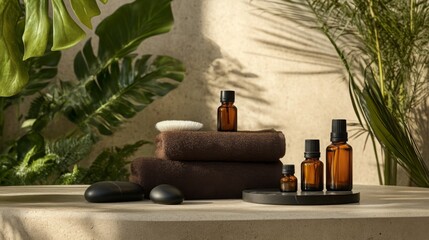 Poster - Various eco-friendly beauty products are elegantly displayed on a spa table. The setting features rich green foliage, embodying a serene atmosphere perfect for relaxation and self-care.