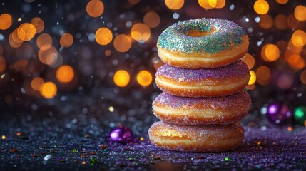 Wall Mural - Festive Mardi Gras Donuts with Colorful Sprinkles and Ribbons for Celebration Design