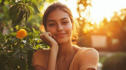 Aufkleber - A young latin woman in casual clothing leans against a lush green backdrop, her warm smile radiating joy as sunlight filters through blooming flowers. The tranquil garden setting enhances the moment