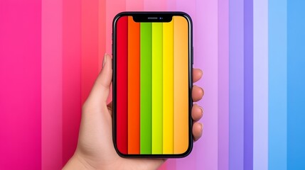 Poster - Person is holding a phone with a rainbow background. The phone