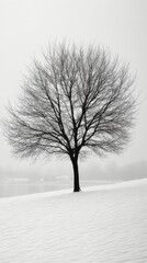 Wall Mural - Tree stands alone in a snowy landscape under a foggy sky during winter season