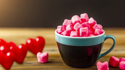 Poster - Cup of pink marshmallows sits on a wooden table with a heart-shaped marshmallow and a heart-shaped candy