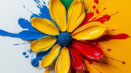 Sticker - Colorful flower with a yellow center and red and blue petals. The flower is surrounded by paint splatters, giving it a vibrant and artistic feel