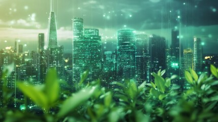Leinwandbilder - An urban landscape featuring futuristic skyscrapers surrounded by greenery illustrates the integration of AI and sustainable finance.
