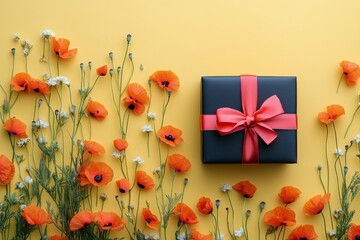 Wall Mural - Gift wrapped in white with red ribbon surrounded by vibrant flowers on yellow backdrop