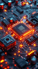 Poster - Close-up of a glowing microprocessor on a circuit board.