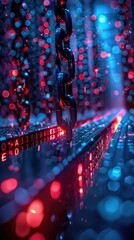 Fototapete - Close-up of a dark chain on a digital surface with red and blue bokeh lights.