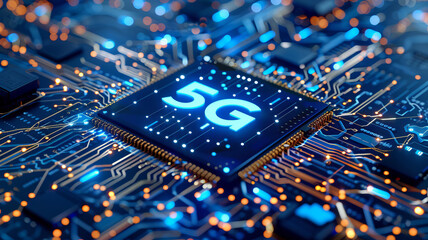 Fototapete - Concept CPU microchip with 5G ai and data network. Close-up view of modern chip gpu card with circuit blue neon lights