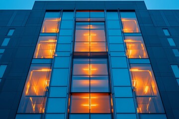 Modern building facade with dramatic evening light and glass reflections