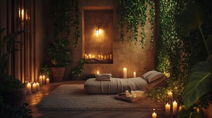 Aufkleber - A tranquil retreat features soft textiles and warm lighting, with candles casting a soothing glow. Aromatherapy products are displayed on a wooden tray, inviting users to unwind and rejuvenate.