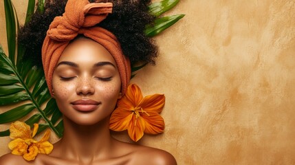 Poster - A woman enjoys a tranquil moment in her home spa, surrounded by lush green leaves and vibrant flowers. She wears a terracotta headwrap, radiating peace and natural beauty.