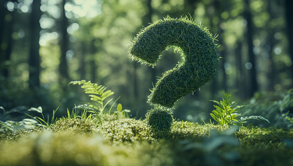 Poster - Green question mark made of grass surrounded by ferns in a sunlit forest setting during daytime