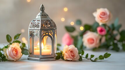 Wall Mural - Illuminated Lantern with Roses and Soft Lighting