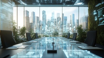Poster - A modern conference room features a glass table set for collaboration. The city skyline shines through large windows, reflecting advancements in AI and sustainable finance.