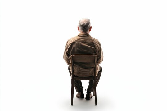 older man seated, back view, simple chair, white background.