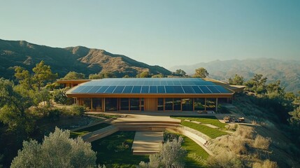 Aufkleber - This modern structure, situated in a mountainous region, showcases solar panels atop its roof.