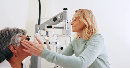 Wall Mural - Eye exam, consulting and lens with old woman in clinic for optometrist, healthcare and vision. Medical, ophthalmologist and glasses with patient and tools for retina, visual test and assessment