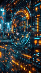 Poster - Futuristic digital interface with global map.